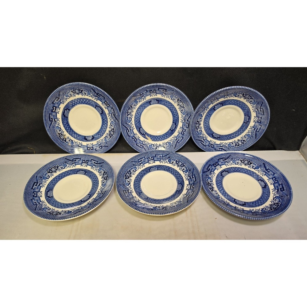 Churchill England Blue Willow Blue & White Ceramic Plates Set of 6 Round 5-1/2"